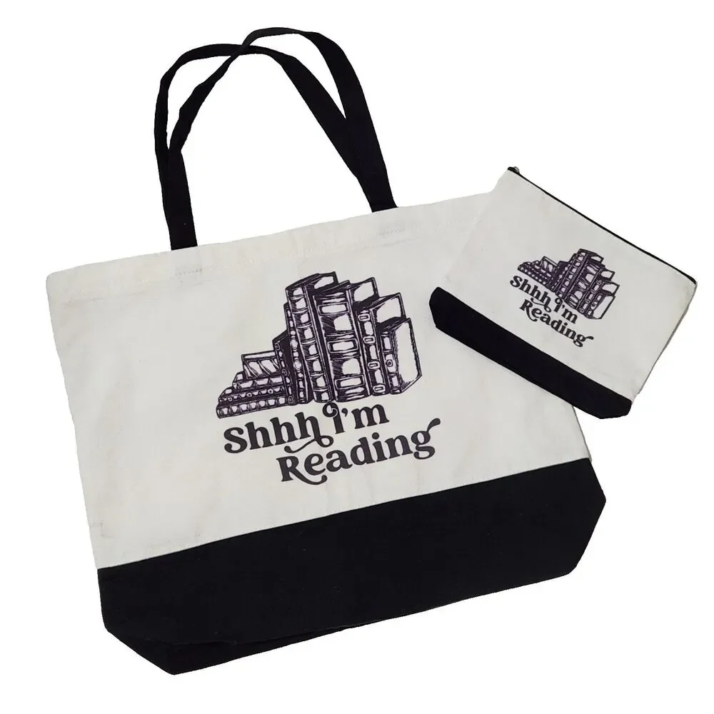 Shhh Im Reading Canvas Tote Bag & Pouch Set Zipper Book Lover Gift Bookworm 2pc